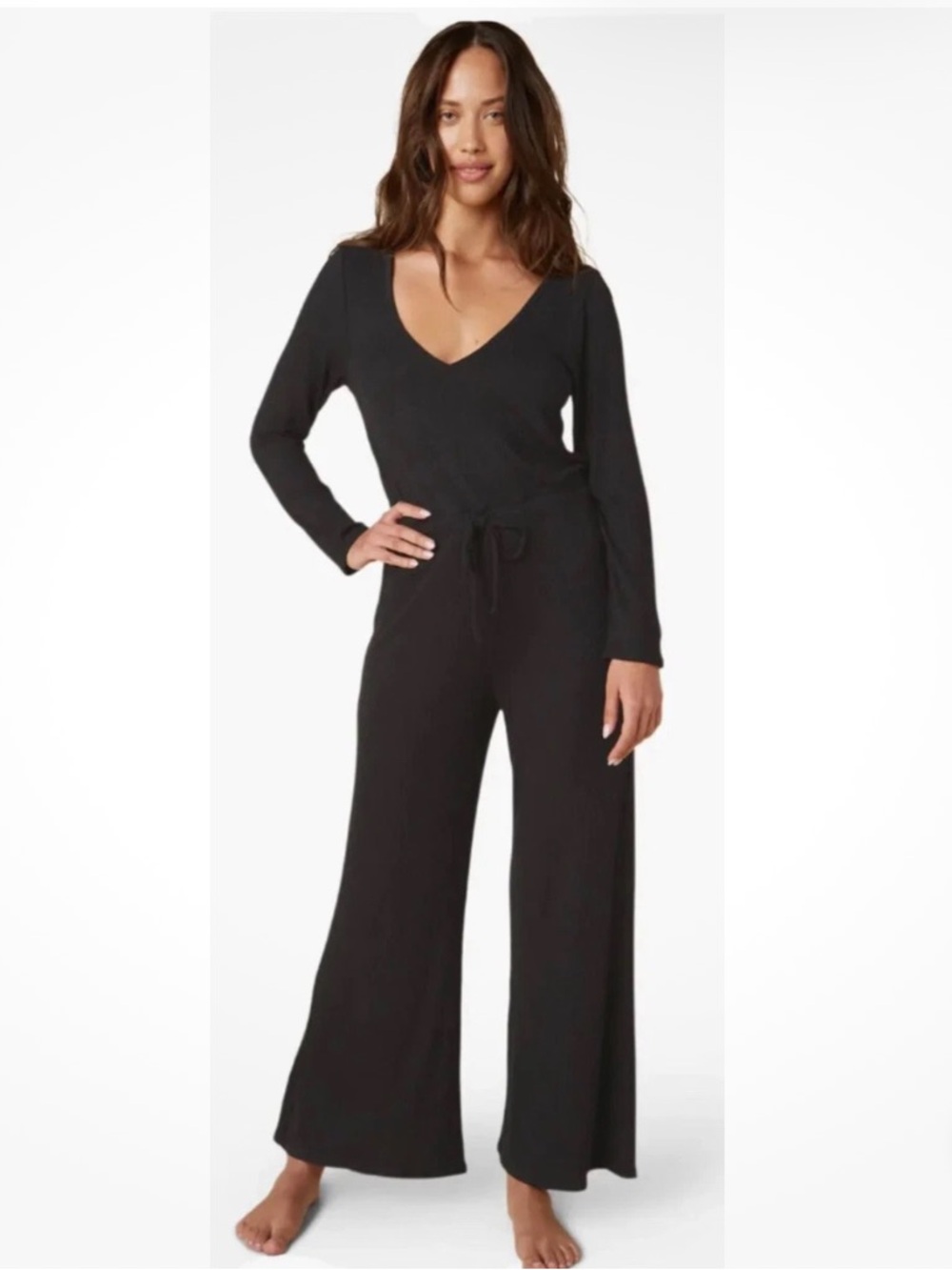 Beyond Yoga So Chic Ribbed Knit Long Sleeve V-Neck Wide Leg Jumpsuit In Black MD